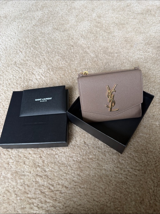Saint Laurent Handbags - Saint Laurent Taupe Leather Compact Wallet with Gold YSL Emblem